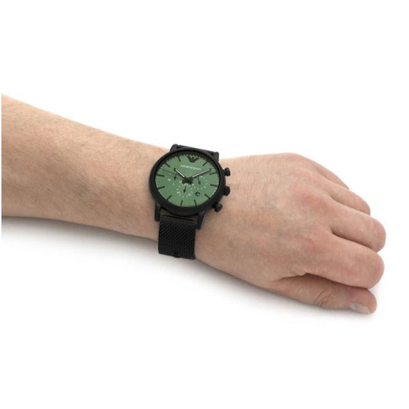  Shop Authentic Emporio Armani Luigi Chronograph Green Dial Black Mesh Bracelet Watch For Men - AR11470 - Luxxuri
