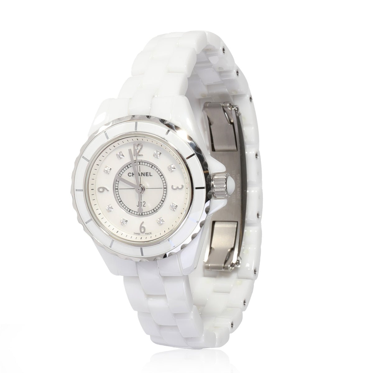  Shop Authentic Chanel J12 Diamonds Quartz Mother of Pearl White Dial White Steel Strap Watch for Women - J12 H2570 - Luxxuri