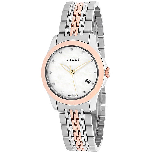  Shop Authentic Gucci G Timeless Diamonds Mother of Pearl Dial Two Tone Mesh Bracelet Watch For Women - YA126514 - Luxxuri