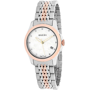  Shop Authentic Gucci G Timeless Diamonds Mother of Pearl Dial Two Tone Mesh Bracelet Watch For Women - YA126514 - Luxxuri