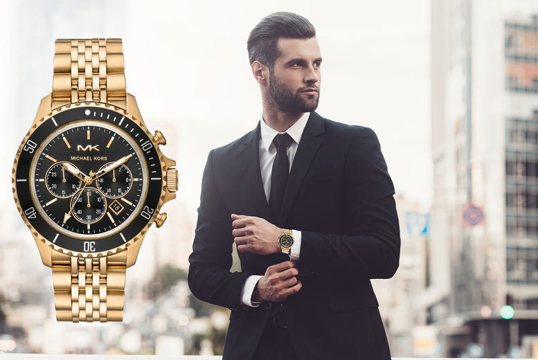  Shop Authentic Michael Kors Bayville Chronograph Black Dial Gold Steel Strap Watch For Men - MK8726 - Luxxuri