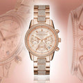  Shop Authentic Michael Kors Ritz Chronograph Rose Gold Dial Rose Gold Steel Strap Watch For Women - MK6485 - Luxxuri