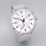  Shop Authentic Tommy Hilfiger Dean Chronograph White Dial Silver Mesh Bracelet Watch for Men - 1791277 - Luxxuri