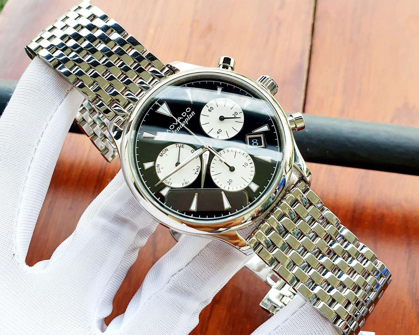 Movado Heritage Calendoplan Chronograph Black Dial Silver Steel Strap Watch for Men - 3650014