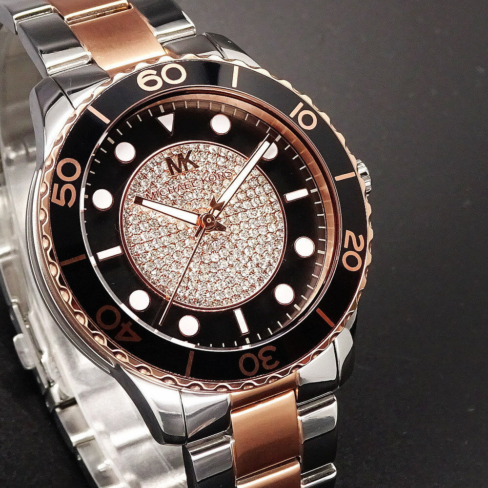 Michael Kors Runway Quartz Black Dial Two Tone Steel Strap Watch For Women - MK6960