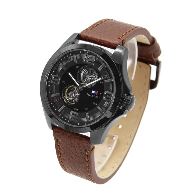  Shop Authentic Tommy Hilfiger Bruce Automatic Black Dial Brown Leather Strap Watch for Men - 1791280 - Luxxuri