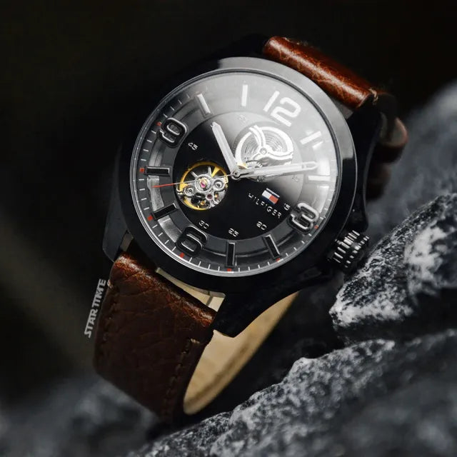  Shop Authentic Tommy Hilfiger Bruce Automatic Black Dial Brown Leather Strap Watch for Men - 1791280 - Luxxuri