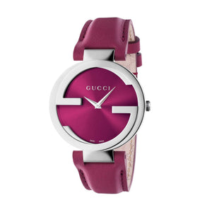  Shop Authentic Gucci Interlocking G Quartz Pink Dial Pink Leather Strap Watch For Women - YA133321 - Luxxuri