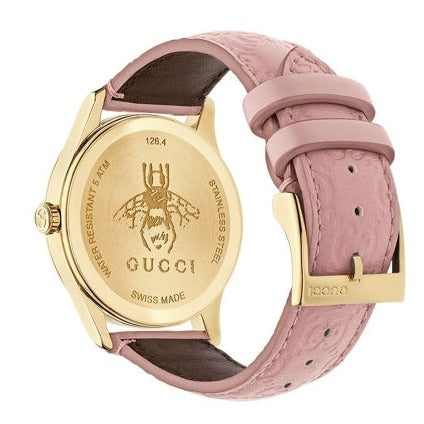  Shop Authentic Gucci G Timeless Quartz Pink Dial Pink Leather Strap Watch For Women - YA1265005 - Luxxuri