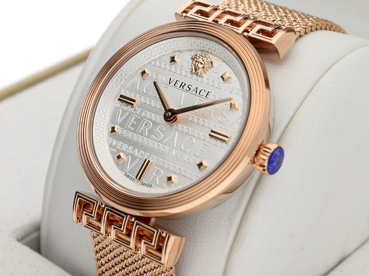  Shop Authentic Versace Meander White Dial Rose Gold Mesh Bracelet Watch for Women - VELW00620 - Luxxuri