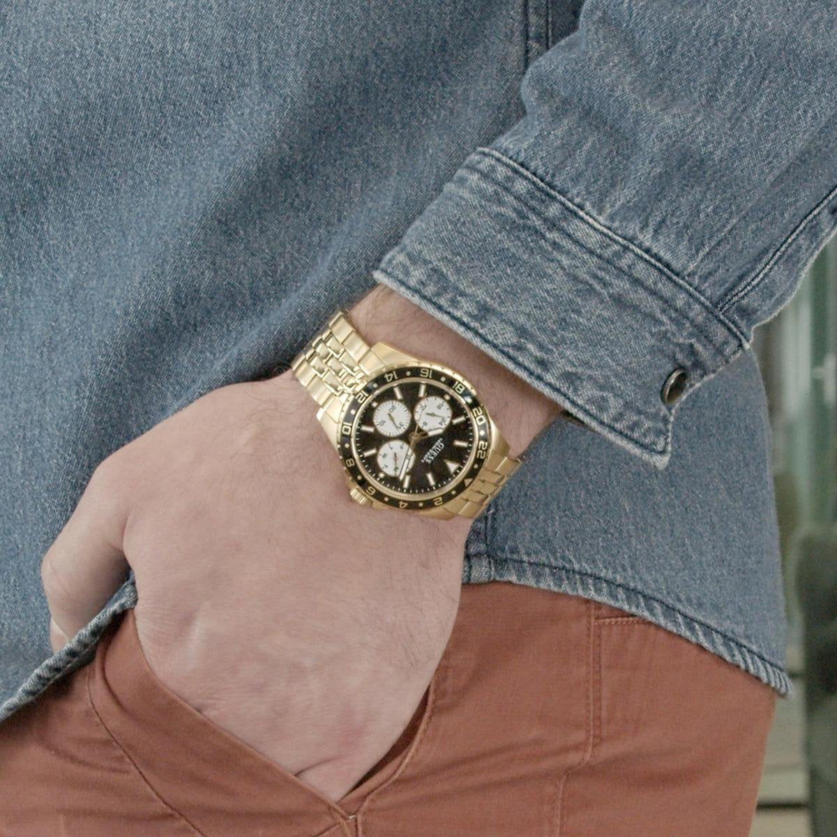  Shop Authentic Guess Odyssey Multifunction Black Dial Gold Steel Strap Watch For Men - W1107G4 - Luxxuri