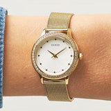  Shop Authentic Guess Chelsea Crystals Mother of Pearl White Dial Gold Mesh Bracelet Watch For Women - W0647L7 - Luxxuri