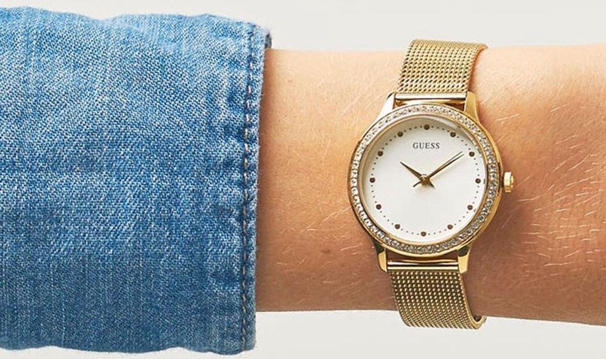 Guess Chelsea Crystals Mother of Pearl White Dial Gold Mesh Bracelet Watch For Women - W0647L7