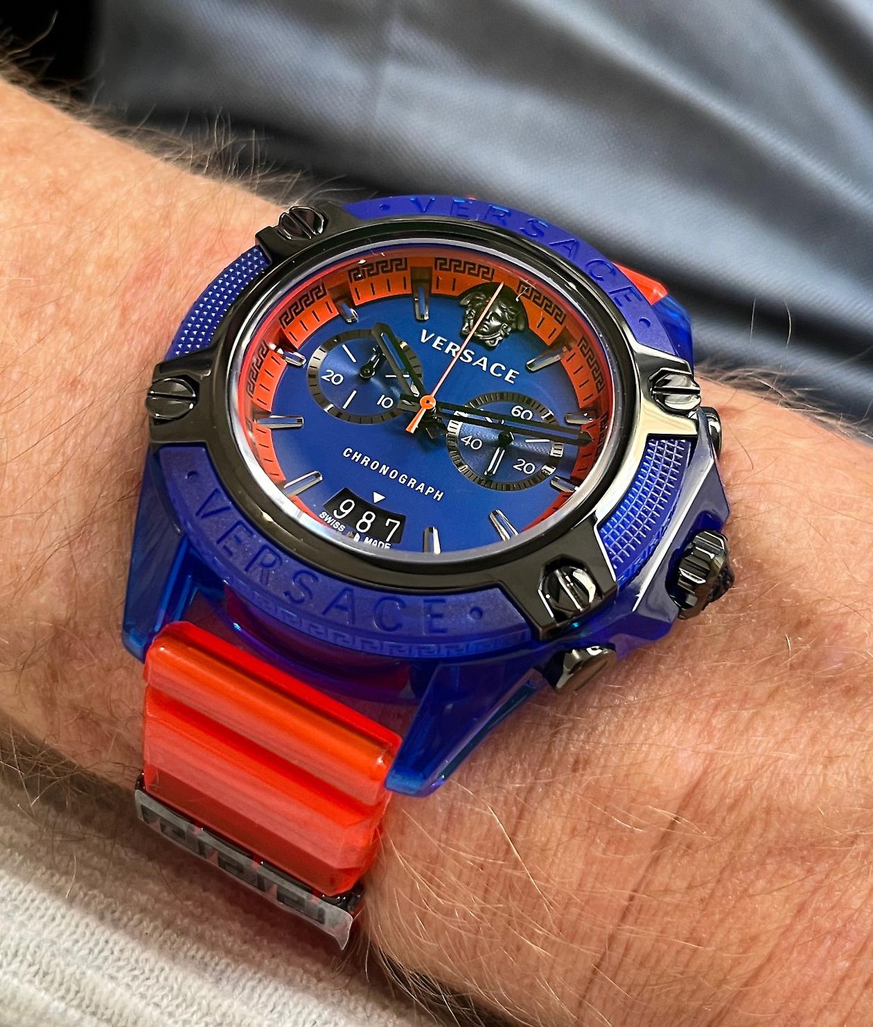 Shop Authentic Versace Icon Active Chronograph Quartz Blue Dial Orange Rubber Strap Watch For Men - VEZ700922 - Luxxuri