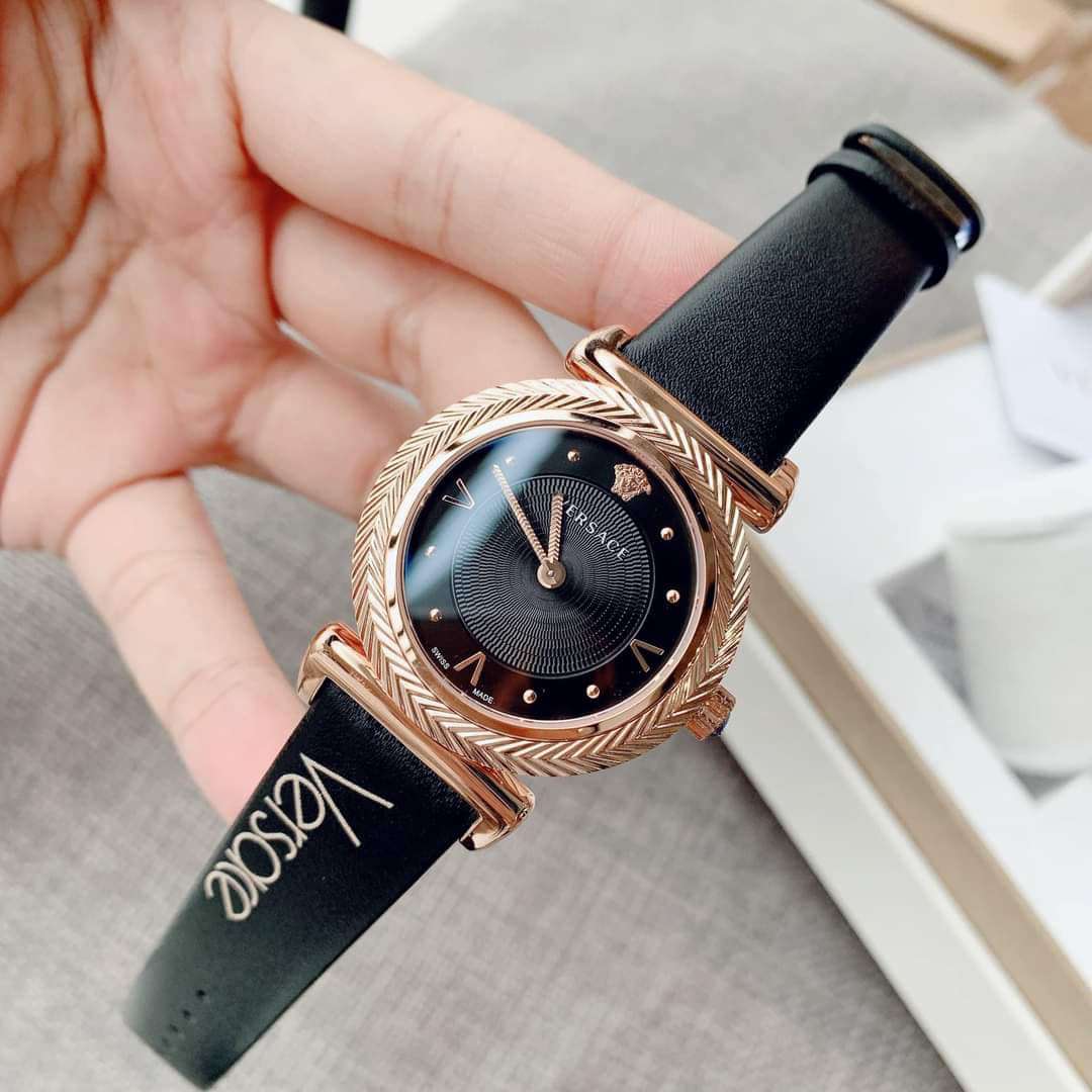  Shop Authentic Versace V-Motif Vintage Logo Black Dial Black Leather Strap Watch for Women - VERE00818 - Luxxuri