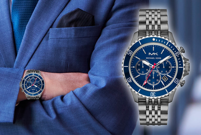  Shop Authentic Michael Kors Bayville Chronograph Blue Dial Grey Steel Strap Watch For Men - MK8727 - Luxxuri