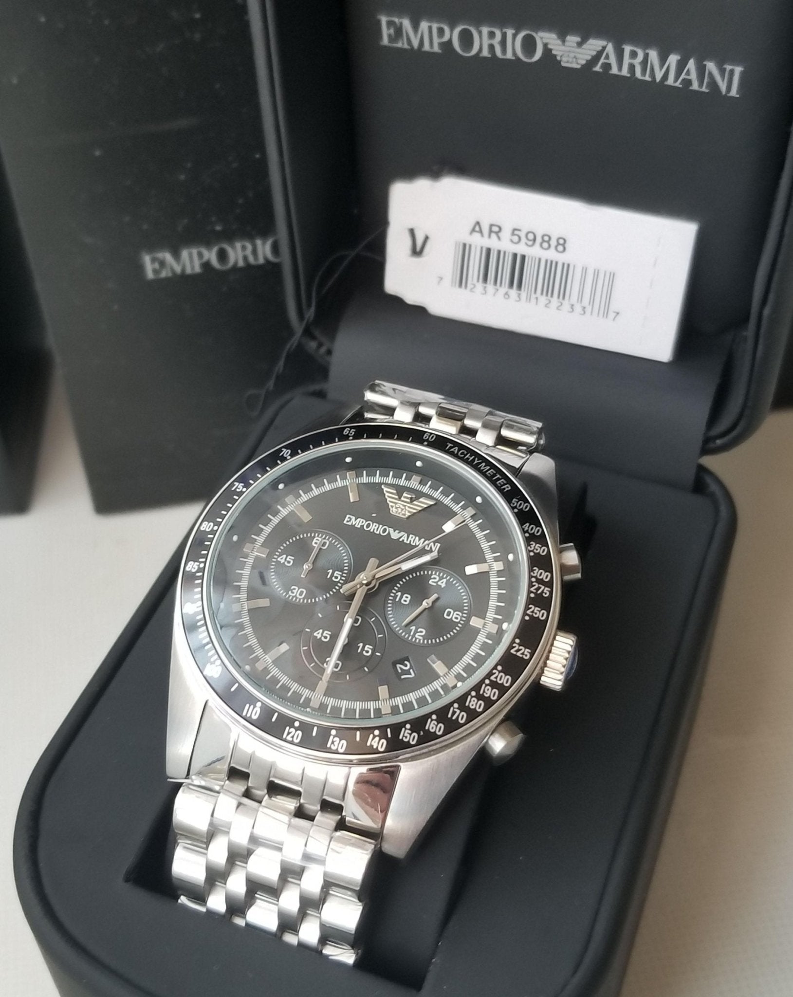  Shop Authentic Emporio Armani Tazio Chronograph Black Dial Silver Steel Strap Watch For Men - AR5988 - Luxxuri
