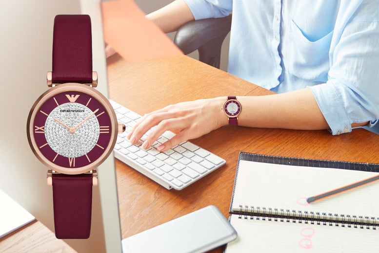  Shop Authentic Emporio Armani Gianni T Bar Crystals Maroon Dial Maroon Leather Strap Watch for Women - AR11487 - Luxxuri