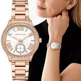  Shop Authentic Michael Kors Sage Three-Hand Mother of Pearl White Dial Rose Gold Steel Strap Watch for Women - MK4806 - Luxxuri