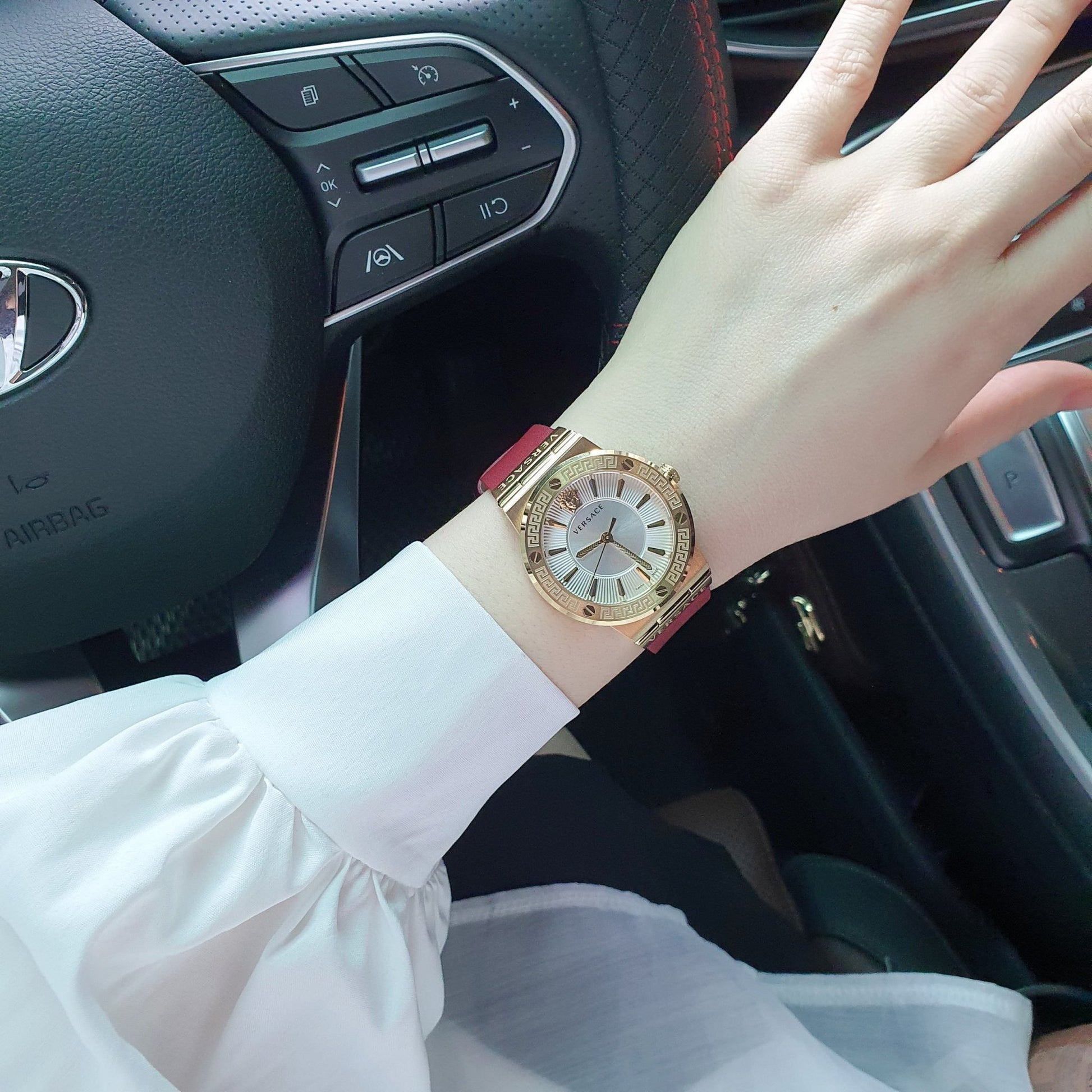  Shop Authentic Versace Greca Silver Dial Red Leather Strap Watch for Women - VEVH00420 - Luxxuri