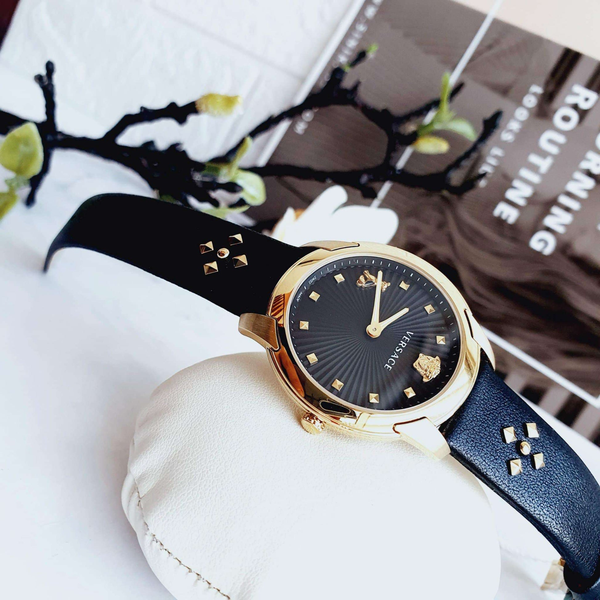  Shop Authentic Versace Audrey Quartz Black Dial Black Leather Strap Watch for Women - VELR00319 - Luxxuri