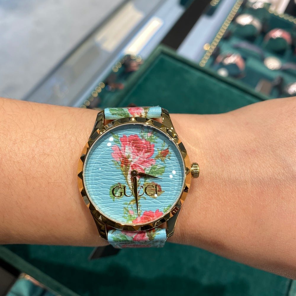  Shop Authentic Gucci G Timeless Floral Turquoise Dial Turquoise Leather Strap Watch For Women - YA1264085 - Luxxuri