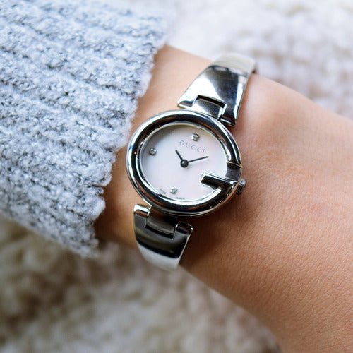  Shop Authentic Gucci Guccissima Diamonds Mother of Pearl Dial Silver Steel Strap Watch For Women - YA134504 - Luxxuri