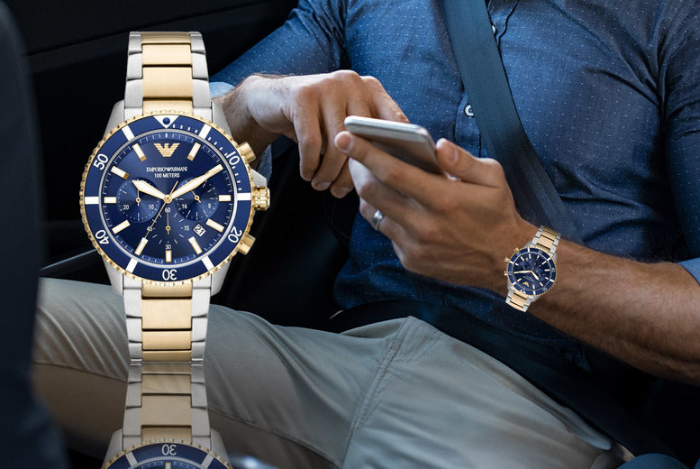  Shop Authentic Emporio Armani Mario Chronograph Blue Dial Two Tone Steel Strap Watch For Men - AR11362 - Luxxuri