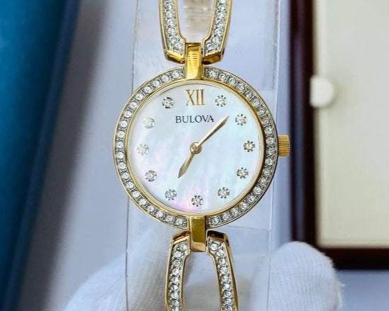  Shop Authentic Bulova Crystal Collection Mother of Pearl Dial Gold Steel Strap Watch for Women - 98L225 - Luxxuri
