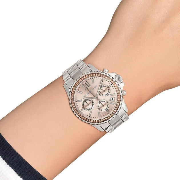  Shop Authentic Michael Kors Everest Chronograph Gold Dial Silver Steel Strap Watch For Women - MK5870 - Luxxuri
