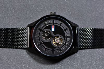  Shop Authentic Tommy Hilfiger Spencer Skeleton Black Dial Black Mesh Bracelet Watch for Men - 1791644 - Luxxuri