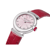  Shop Authentic Bvlgari Lvcea Intarsio Diamonds Mother of Pearl Pink Dial Red Leather Strap Watch for Women - LVCEA103619 - Luxxuri