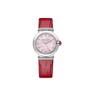  Shop Authentic Bvlgari Lvcea Intarsio Diamonds Mother of Pearl Pink Dial Red Leather Strap Watch for Women - LVCEA103619 - Luxxuri