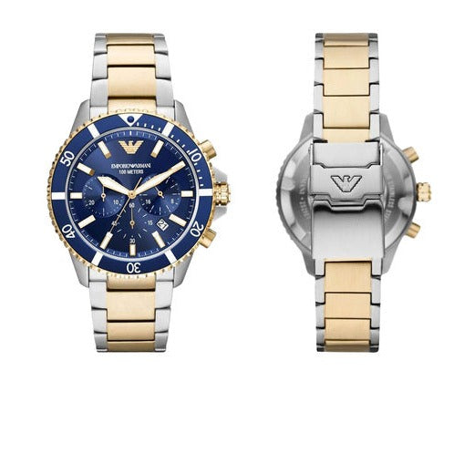  Shop Authentic Emporio Armani Mario Chronograph Blue Dial Two Tone Steel Strap Watch For Men - AR11362 - Luxxuri