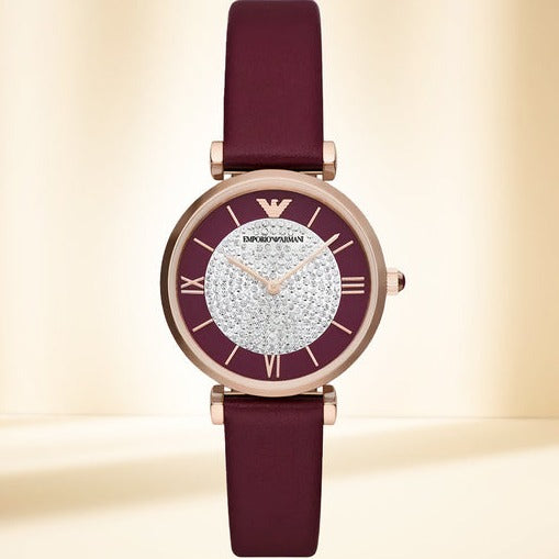  Shop Authentic Emporio Armani Gianni T Bar Crystals Maroon Dial Maroon Leather Strap Watch for Women - AR11487 - Luxxuri