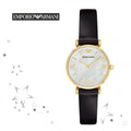  Shop Authentic Emporio Armani Gianni T-Bar Quartz Mother of Pearl Dial Black Leather Strap Watch For Women - AR1910 - Luxxuri