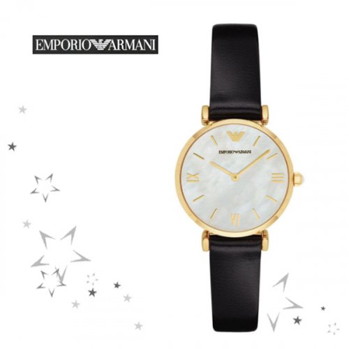  Shop Authentic Emporio Armani Gianni T-Bar Quartz Mother of Pearl Dial Black Leather Strap Watch For Women - AR1910 - Luxxuri