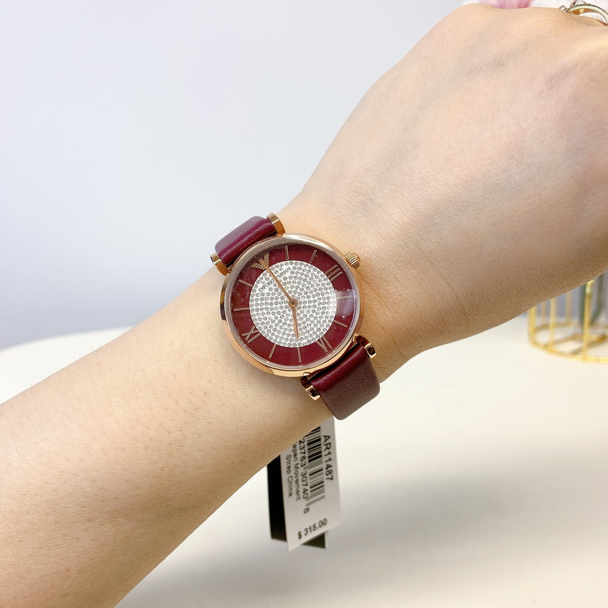  Shop Authentic Emporio Armani Gianni T Bar Crystals Maroon Dial Maroon Leather Strap Watch for Women - AR11487 - Luxxuri