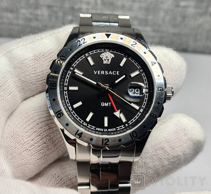  Shop Authentic Versace Hellenyium GMT Black Dial Silver Steel Strap Watch for Men - V11020015 - Luxxuri