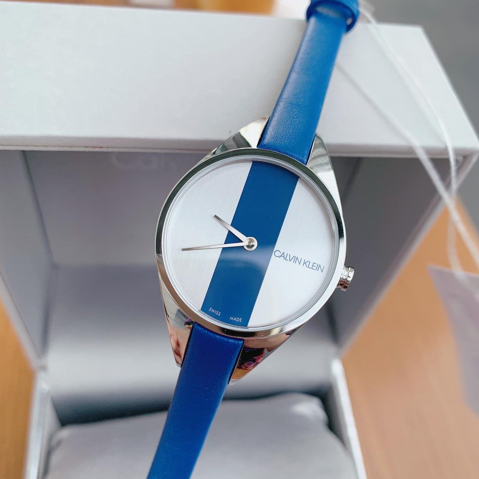  Shop Authentic Calvin Klein Rebel Blue Silver Dial Blue Leather Strap Watch for Women - K8P231V6 - Luxxuri