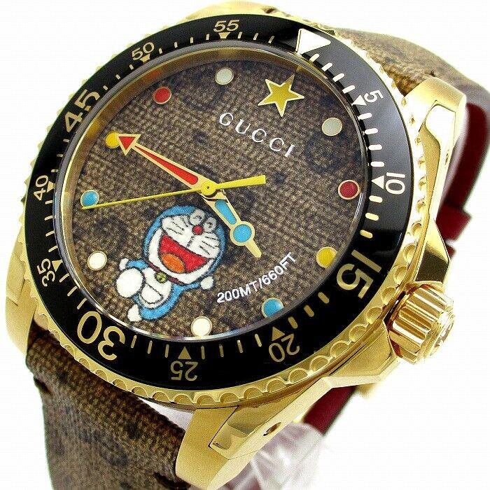  Shop Authentic Gucci Dive Doraemon Quartz Brown Dial Brown Leather Strap Watch For Men - YA136335 - Luxxuri