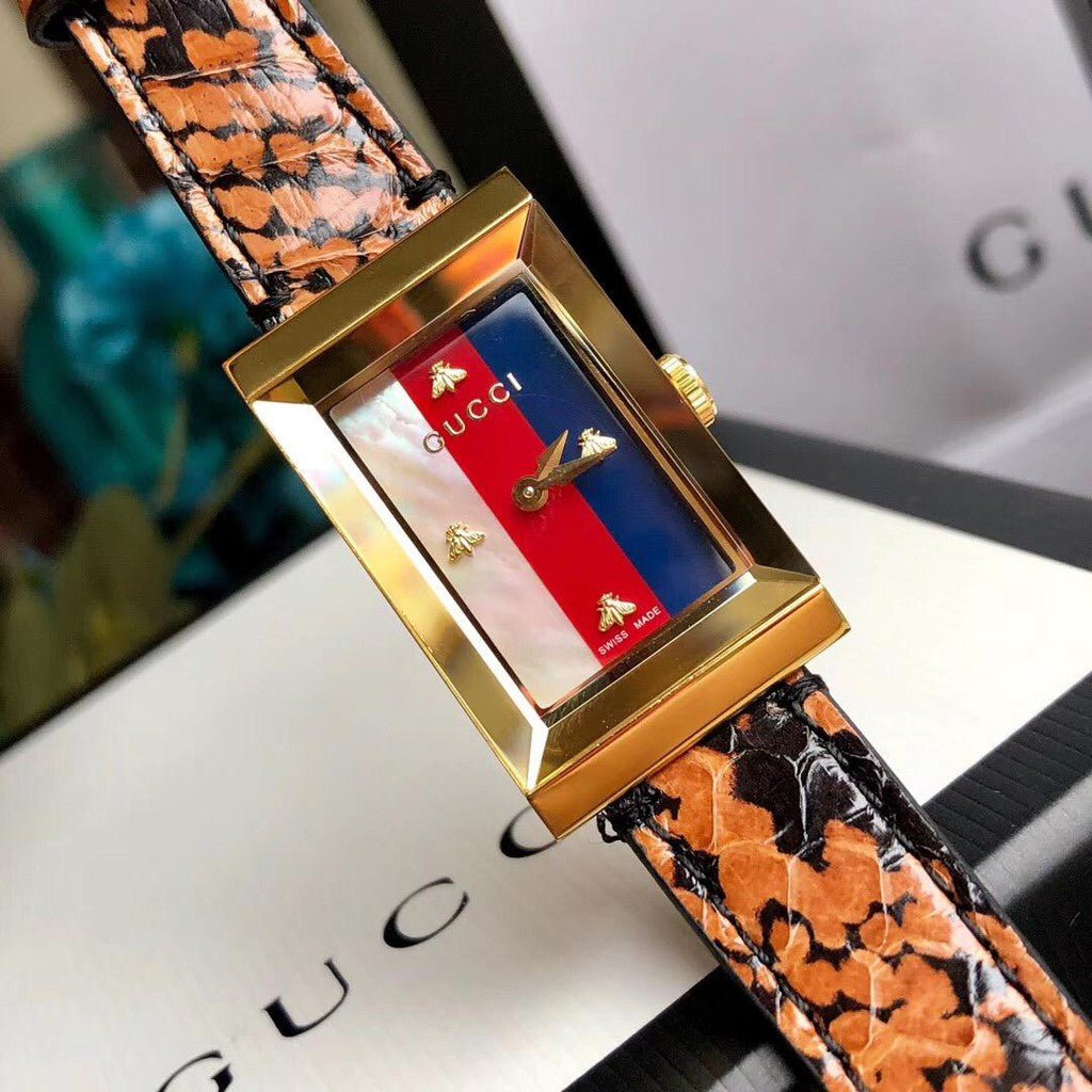  Shop Authentic Gucci G-Frame Mother of Pearl Dial Brown Leather Snakeskin Strap Watch For Women - YA147402 - Luxxuri