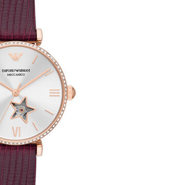  Shop Authentic Emporio Armani Meccanico Automatic Silver Dial Burgundy Leather Strap Watch For Women - AR60044 - Luxxuri