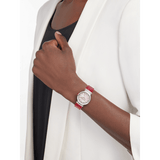  Shop Authentic Bvlgari Lvcea Intarsio Diamonds Mother of Pearl Pink Dial Red Leather Strap Watch for Women - LVCEA103619 - Luxxuri