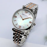  Shop Authentic Emporio Armani Gianni T-Bar Mother of Pearl Dial Two Tone Steel Strap Watch For Women - AR1987 - Luxxuri