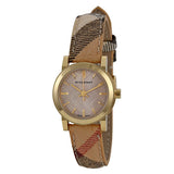 Shop Authentic Burberry The City Gold Dial Haymarket Brown Leather Strap Watch for Women - BU9219 - Luxxuri