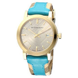  Shop Authentic Burberry The City Gold Dial Blue Leather Strap Watch for Women - BU9018 - Luxxuri