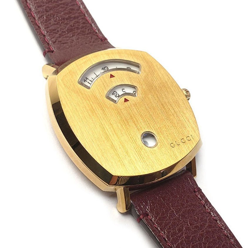  Shop Authentic Gucci Grip Yellow Gold Dial Maroon Leather Strap Unisex Watch - YA157411 - Luxxuri