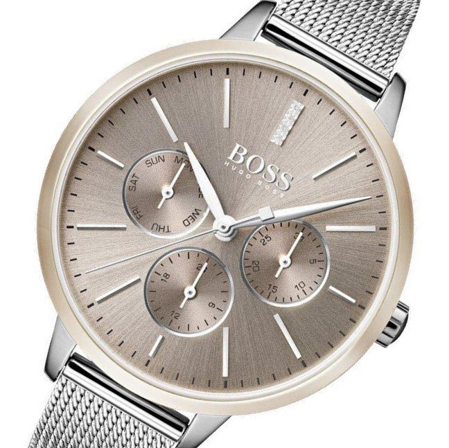 Shop Authentic Hugo Boss Symphony Brown Dial Silver Mesh Bracelet Watch for Women - 1502423 - Luxxuri