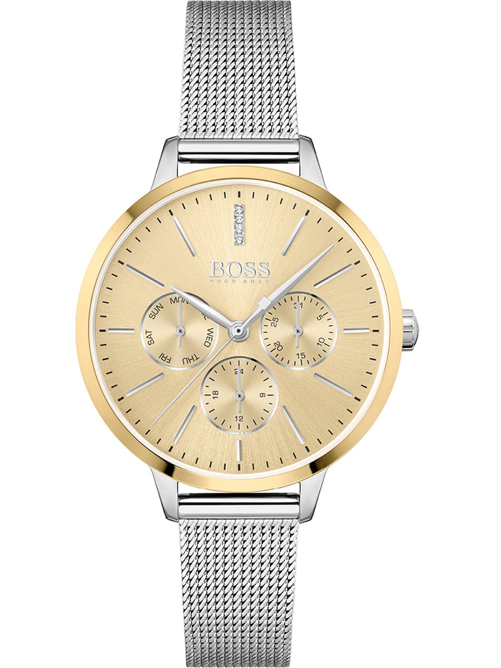  Shop Authentic Hugo Boss Symphony Gold Dial Silver Mesh Bracelet Watch for Women - 1502600 - Luxxuri